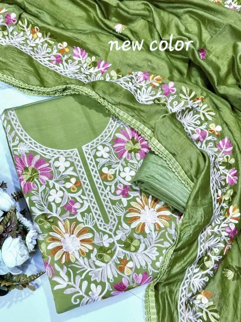 Roman Silk Kashmiri Neck Butta Work Unstitched Suit Set