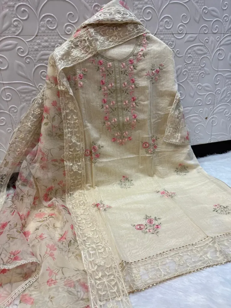 Chanderi Special Neck Embroidery Floral Unstitched Suit