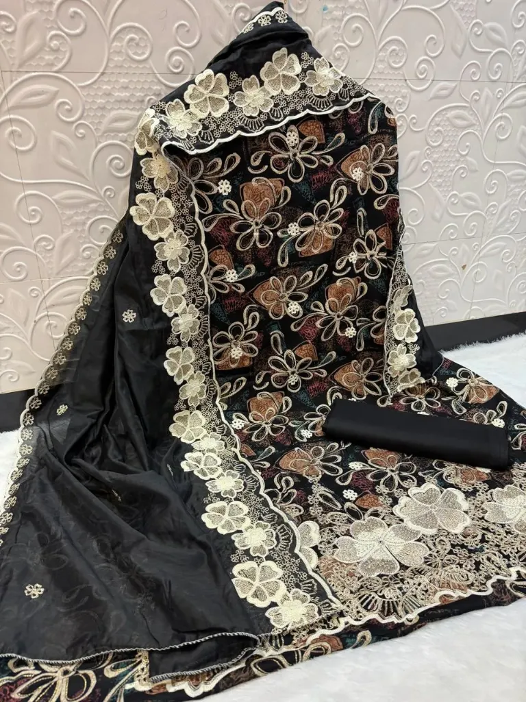 Cut Work Rayon Daman Kashmiri Embroidery Designer Unstitched Suit