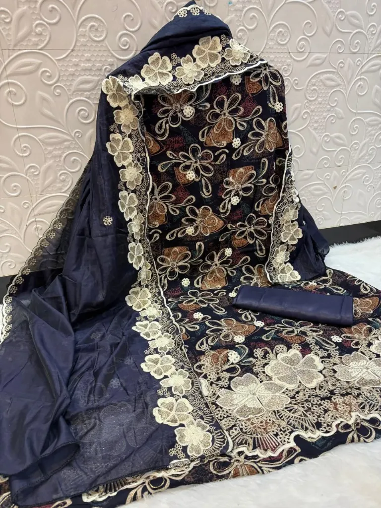 Cut Work Rayon Daman Kashmiri Embroidery Designer Unstitched Suit (Blue)