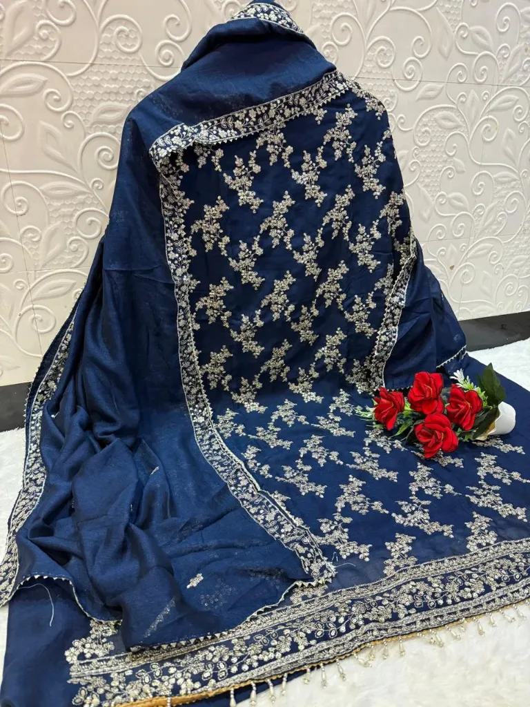 Vichitra Silk Jari Embroidery Unstitched Suit Set (Blue)