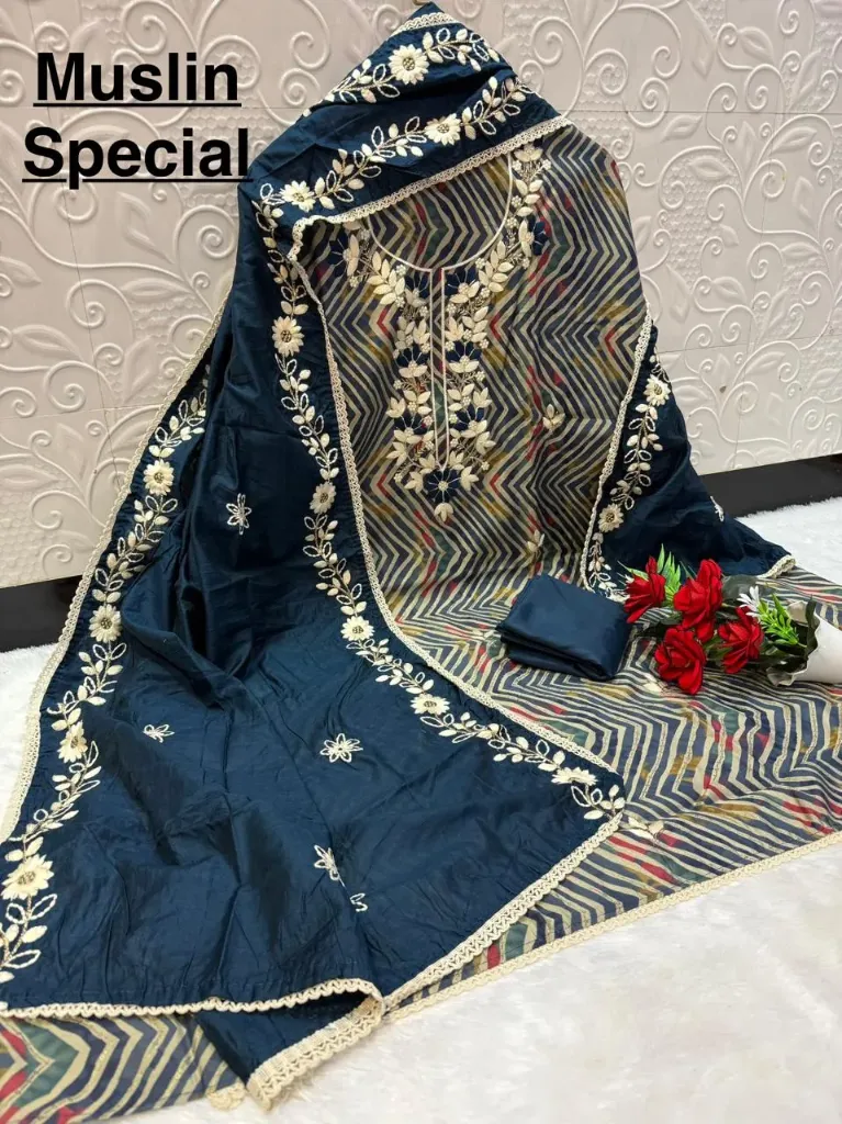 Muslin Cotton Heavy Embroidery Designer Unstitched Suit Set (Blue)