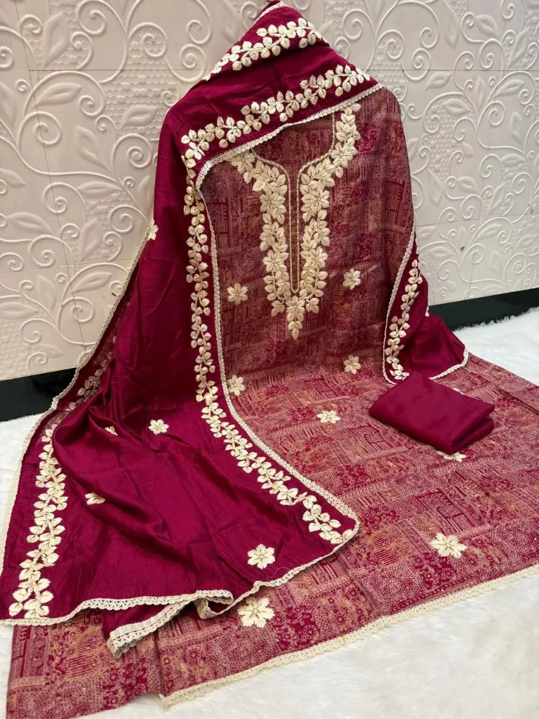 Muslin Heavy Neck Embroidery Designer Unstitched Suit (Maroon)