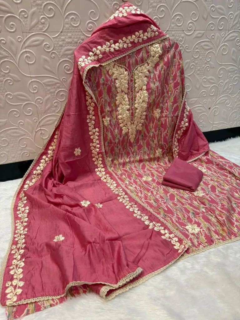 Maroon Muslin Geometric Heavy Chikankari Neck Unstitched Suit (Pink)