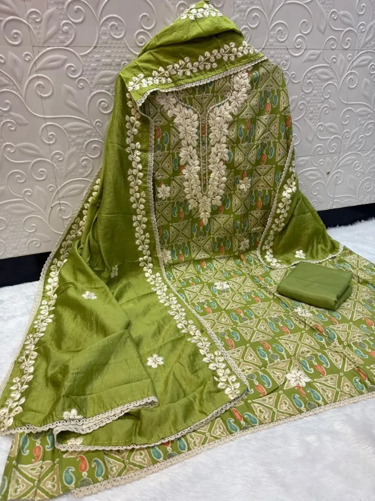 Muslin Abstract Patchwork Heavy Neck Unstitched Suit (Green)