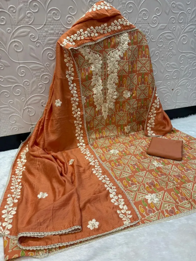 Muslin Abstract Patchwork Heavy Neck Unstitched Suit