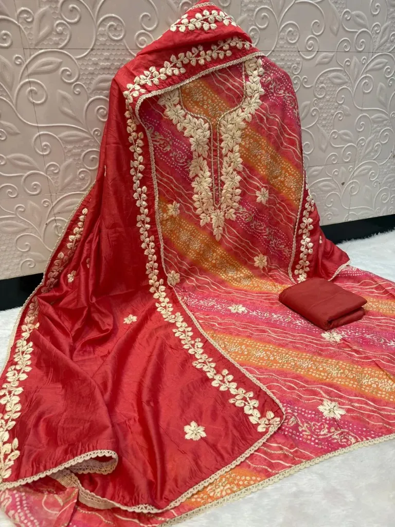 Bandhej Print Heavy Neck Embroidery Multicolor Unstitched Suit (Pink)