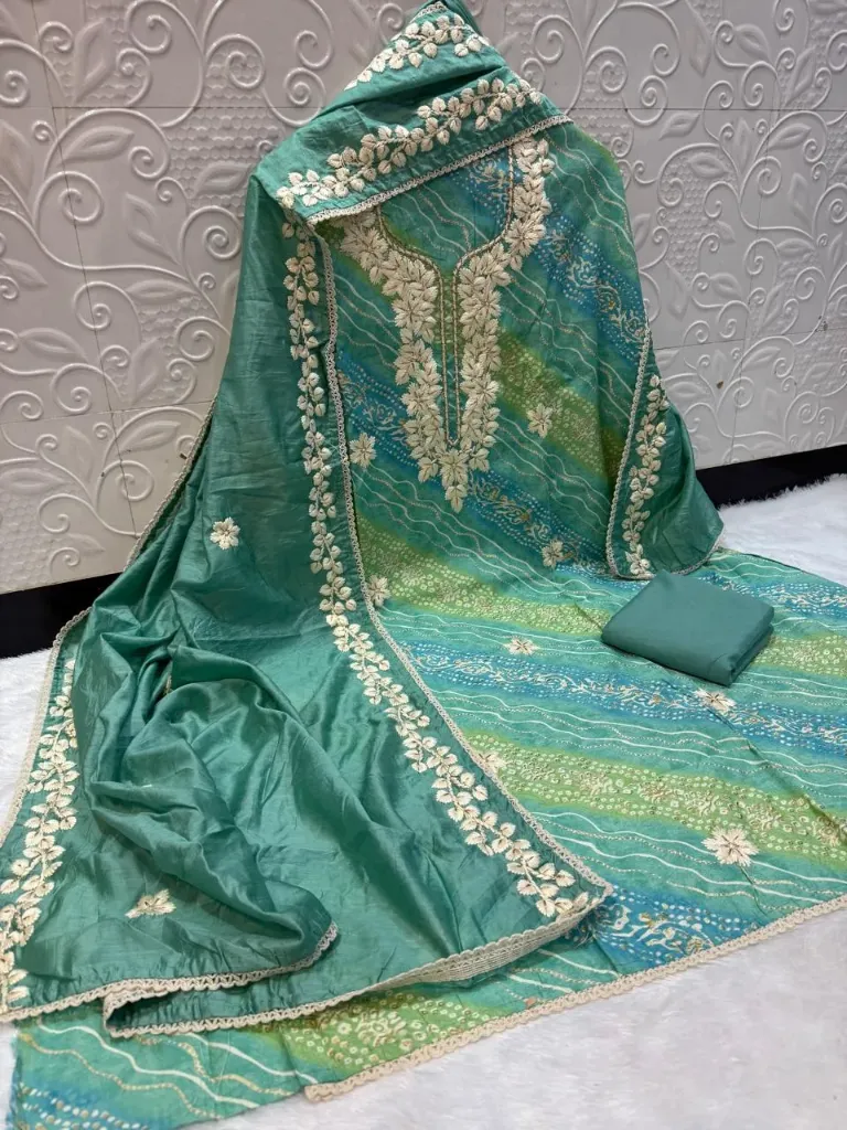 Bandhej Print Heavy Neck Embroidery Multicolor Unstitched Suit
