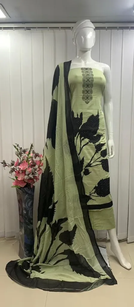 Pure Cotton Pink Black Leaf Print Neck Embroidery Unstitched Suit Set