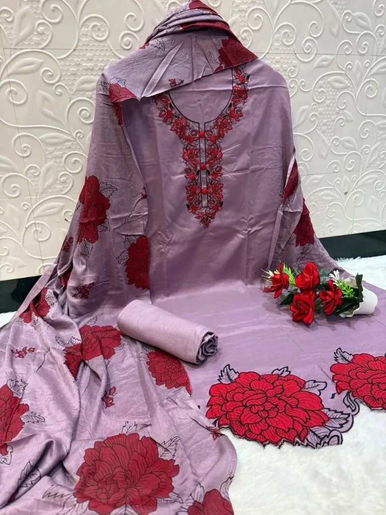 Rayon Embroidered Unstitched Suit with Chiffon Dupatta