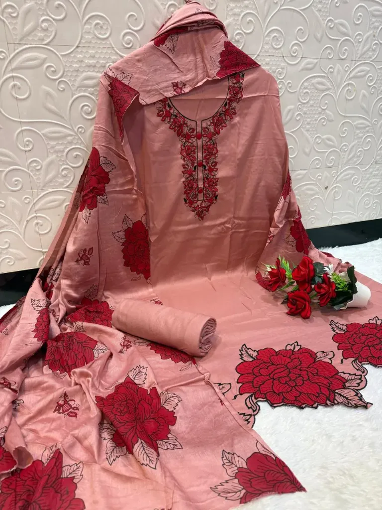 Rayon Embroidered Unstitched Suit with Chiffon Dupatta