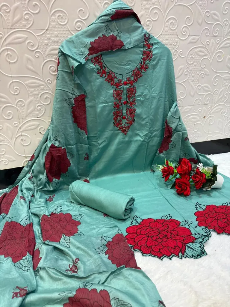 Rayon Embroidered Unstitched Suit with Chiffon Dupatta