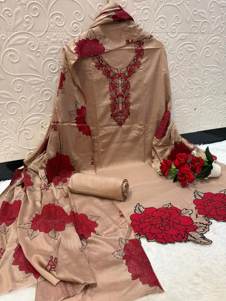Rayon Embroidered Unstitched Suit with Chiffon Dupatta