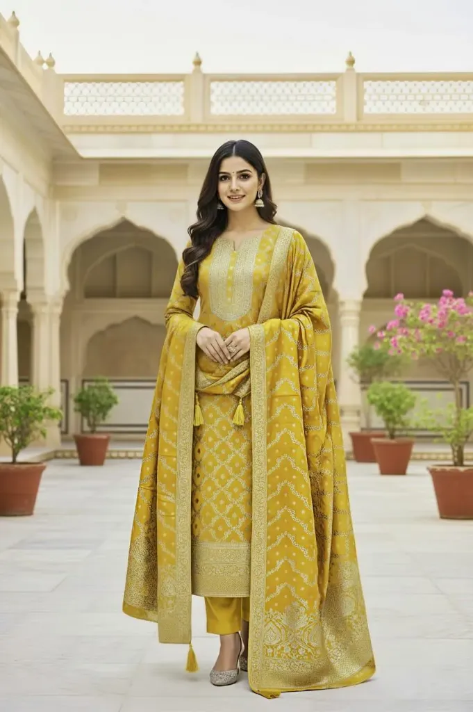 Banarasi Pure Silk Embroidered Wedding Suit with Mirror Work