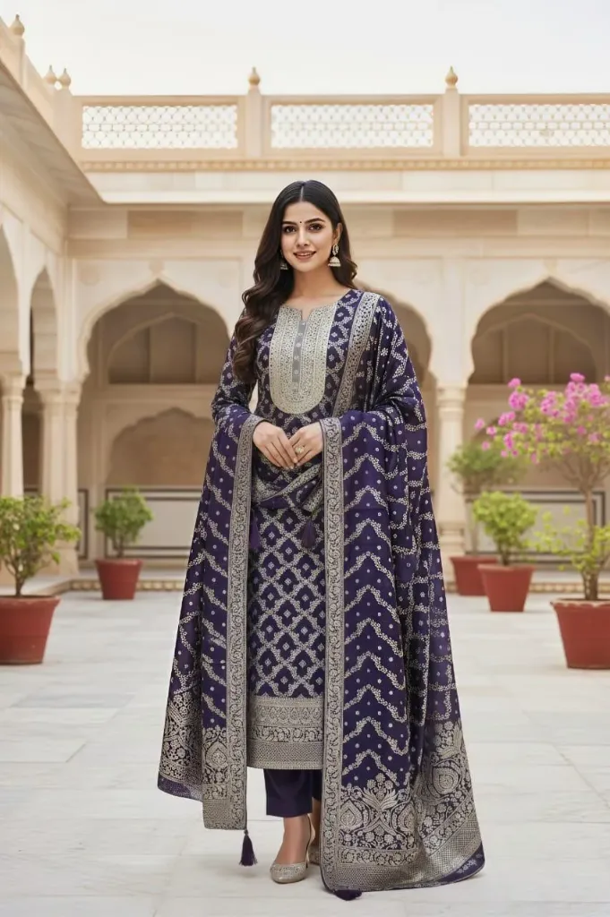 Banarasi Pure Silk Embroidered Wedding Suit with Mirror Work (Blue)