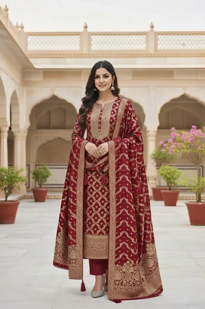 Banarasi Pure Silk Embroidered Wedding Suit with Mirror Work