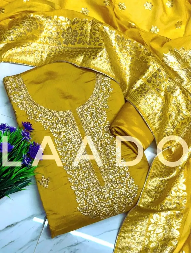 Roman Silk Zardosi Heavy Embroidery Unstitched Suit Set