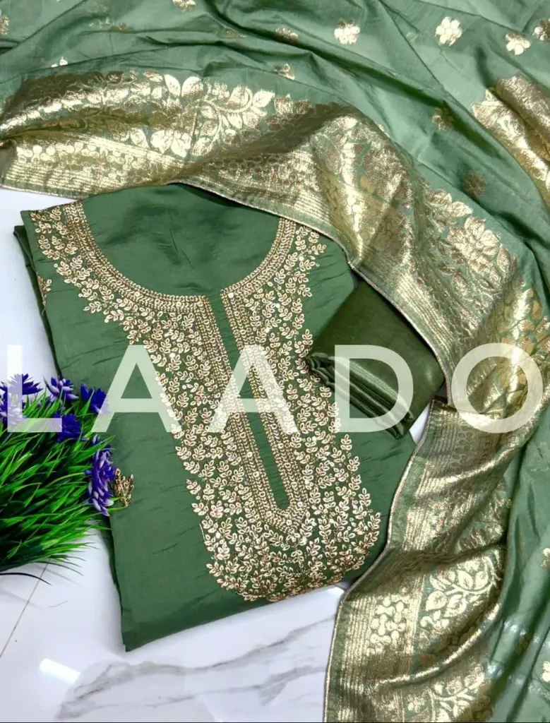 Roman Silk Zardosi Heavy Embroidery Unstitched Suit Set