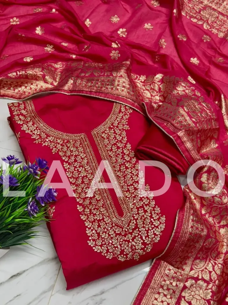 Roman Silk Zardosi Heavy Embroidery Unstitched Suit Set