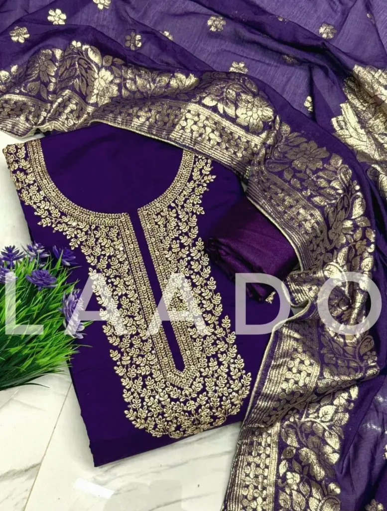 Roman Silk Zardosi Heavy Embroidery Unstitched Suit Set