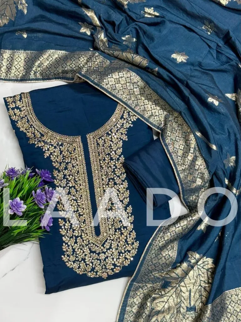 Roman Silk Zardosi Heavy Embroidery Unstitched Suit Set