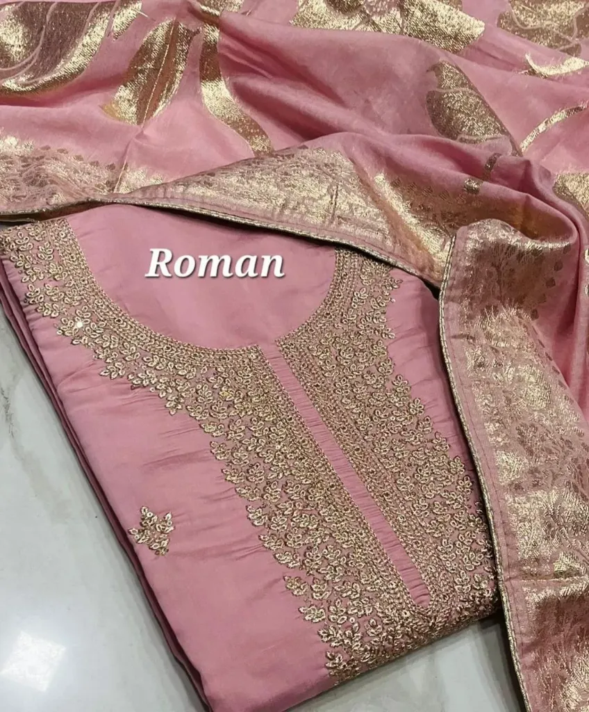 Roman Silk Zardosi Heavy Embroidery Unstitched Suit Set