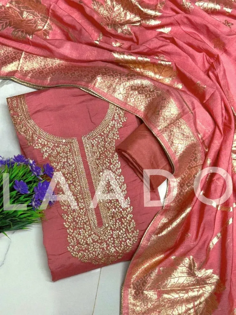 Roman Silk Zardosi Heavy Embroidery Unstitched Suit Set