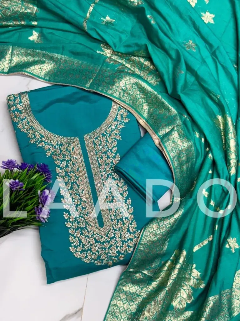 Roman Silk Zardosi Heavy Embroidery Unstitched Suit Set