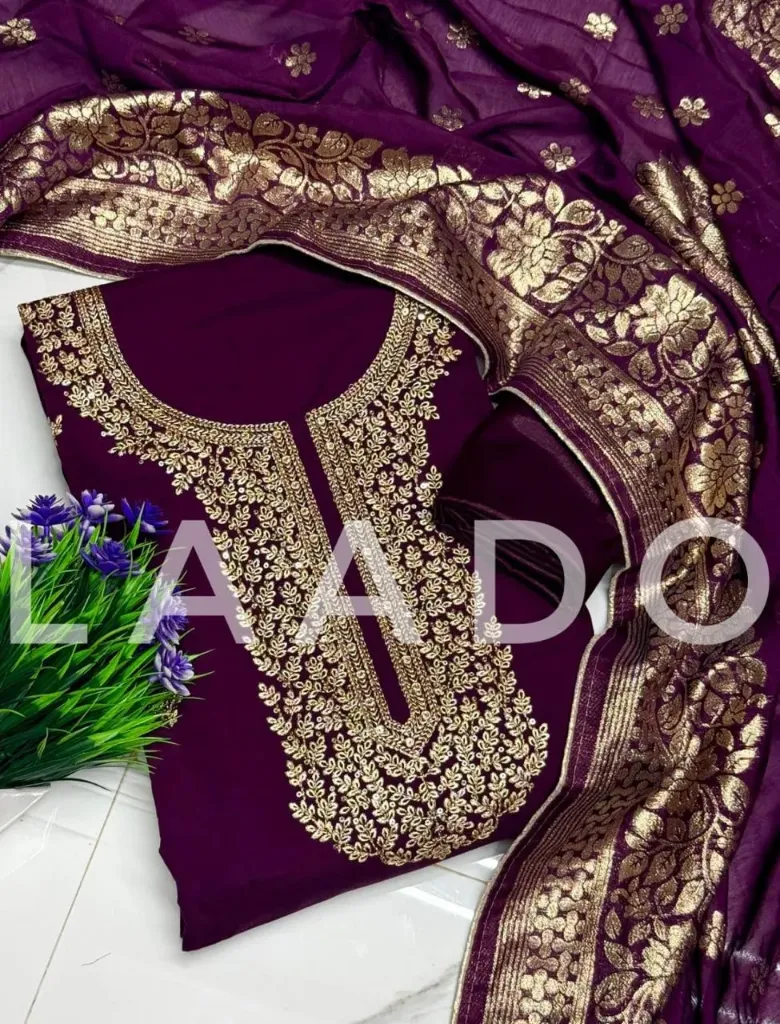 Roman Silk Zardosi Heavy Embroidery Unstitched Suit Set