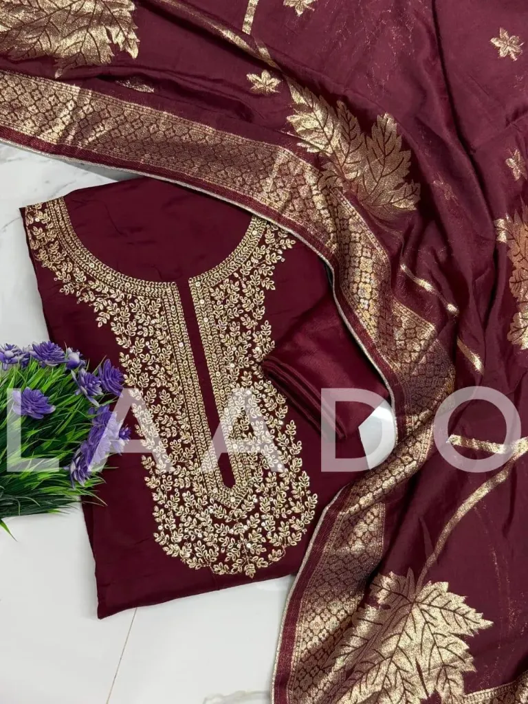 Roman Silk Zardosi Heavy Embroidery Unstitched Suit Set