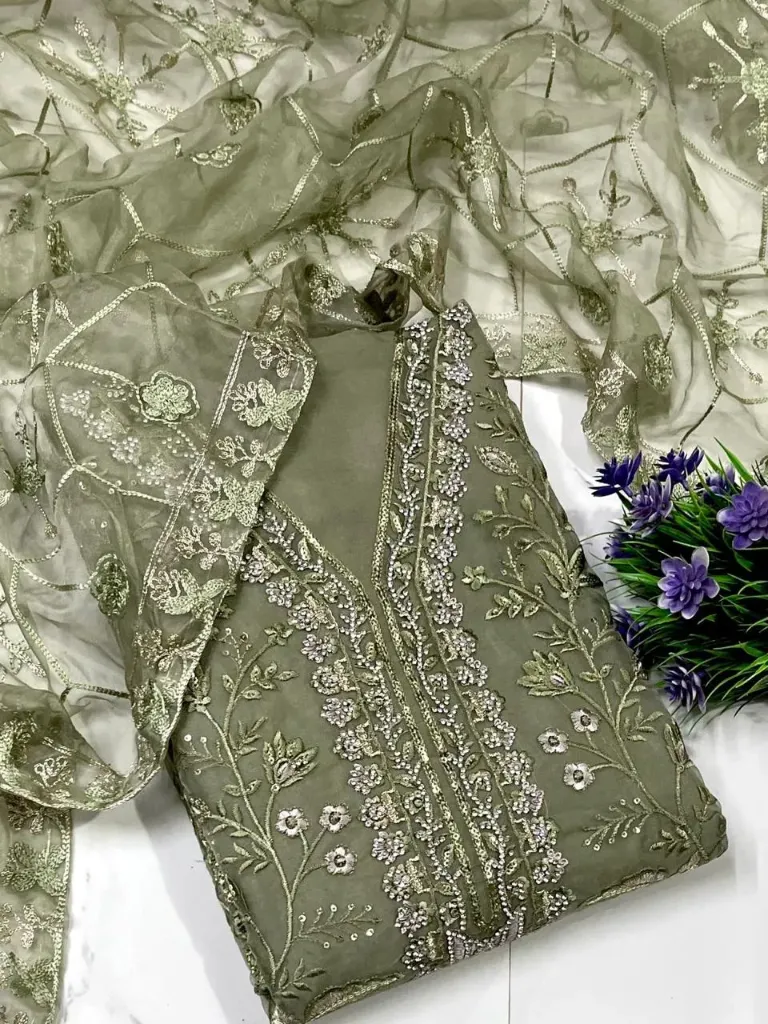 Pakistani Organza Silk Embroidery Unstitched Suit Set