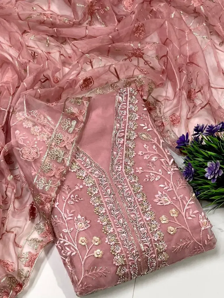 Pakistani Organza Silk Embroidery Unstitched Suit Set (Peach)