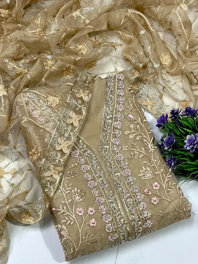 Pakistani Organza Silk Embroidery Unstitched Suit Set