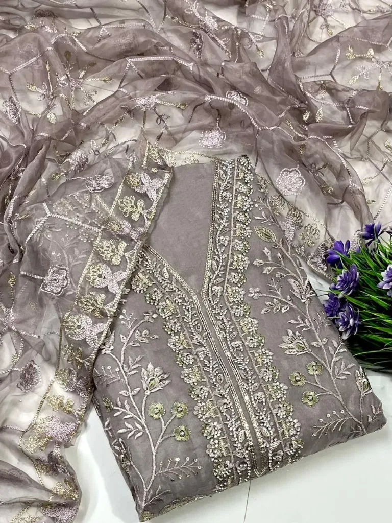 Pakistani Organza Silk Embroidery Unstitched Suit Set
