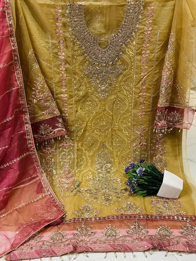 Pakistani Organza Silk Fine Embroidery Unstitched Suit Set