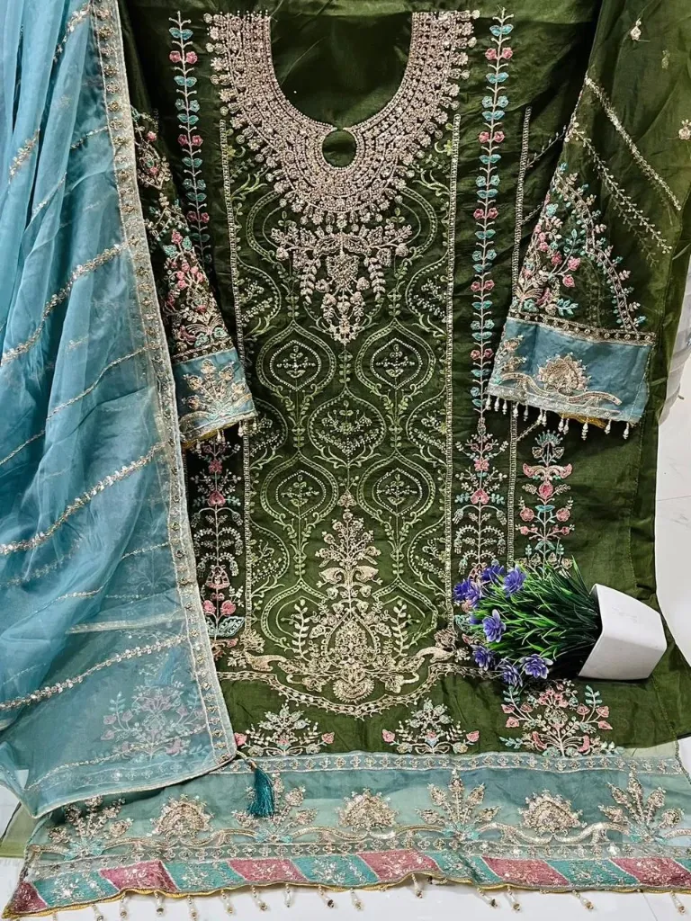 Pakistani Organza Silk Fine Embroidery Unstitched Suit Set