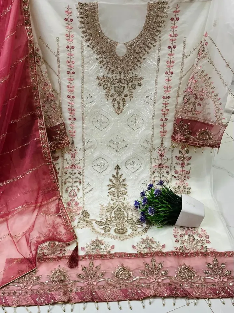Pakistani Organza Silk Fine Embroidery Unstitched Suit Set (White)
