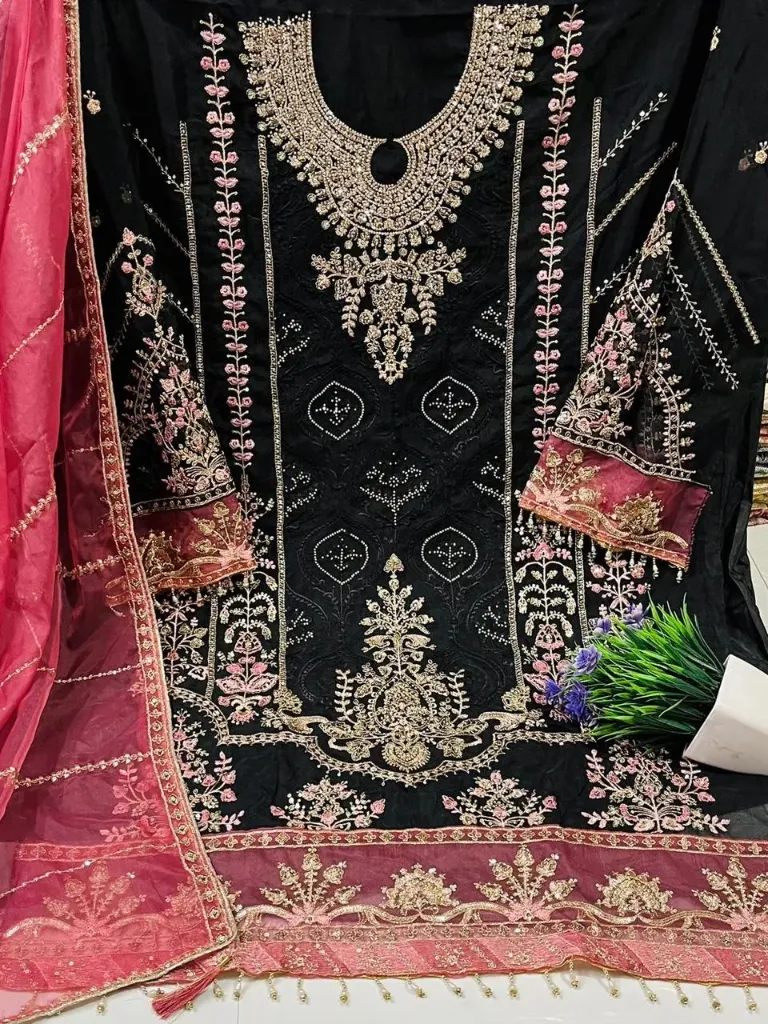 Pakistani Organza Silk Fine Embroidery Unstitched Suit Set