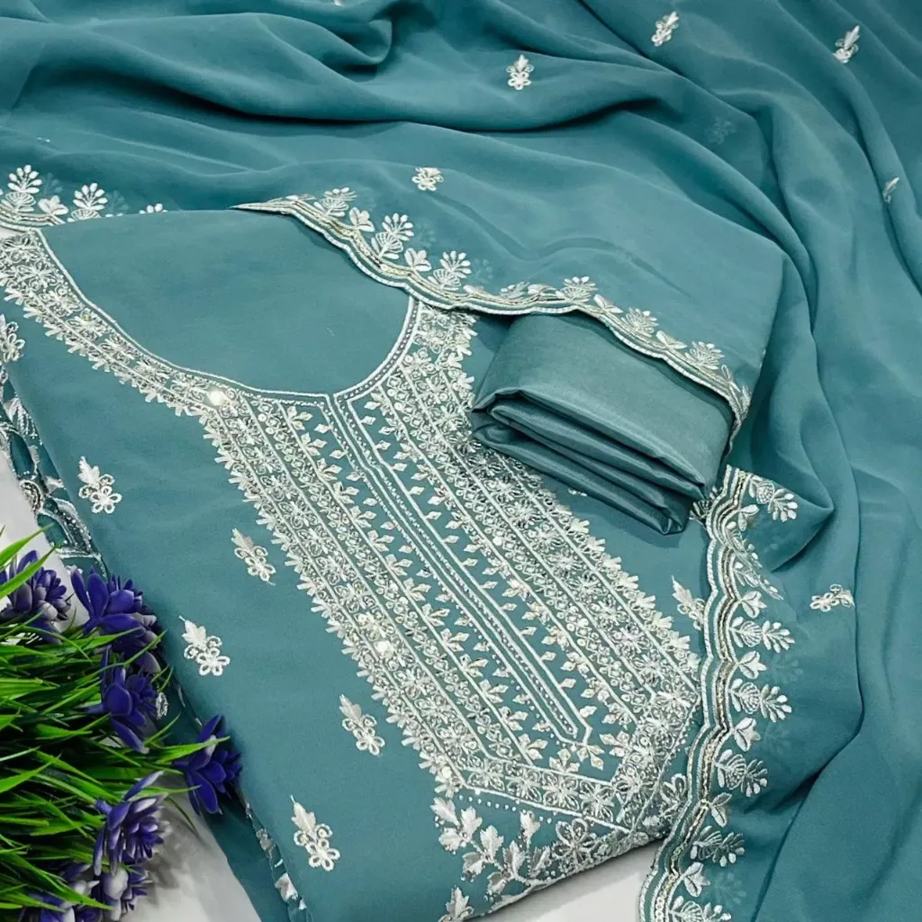 Candy Crush Silk Aplick Embroidery Unstitched Suit Set (Blue)