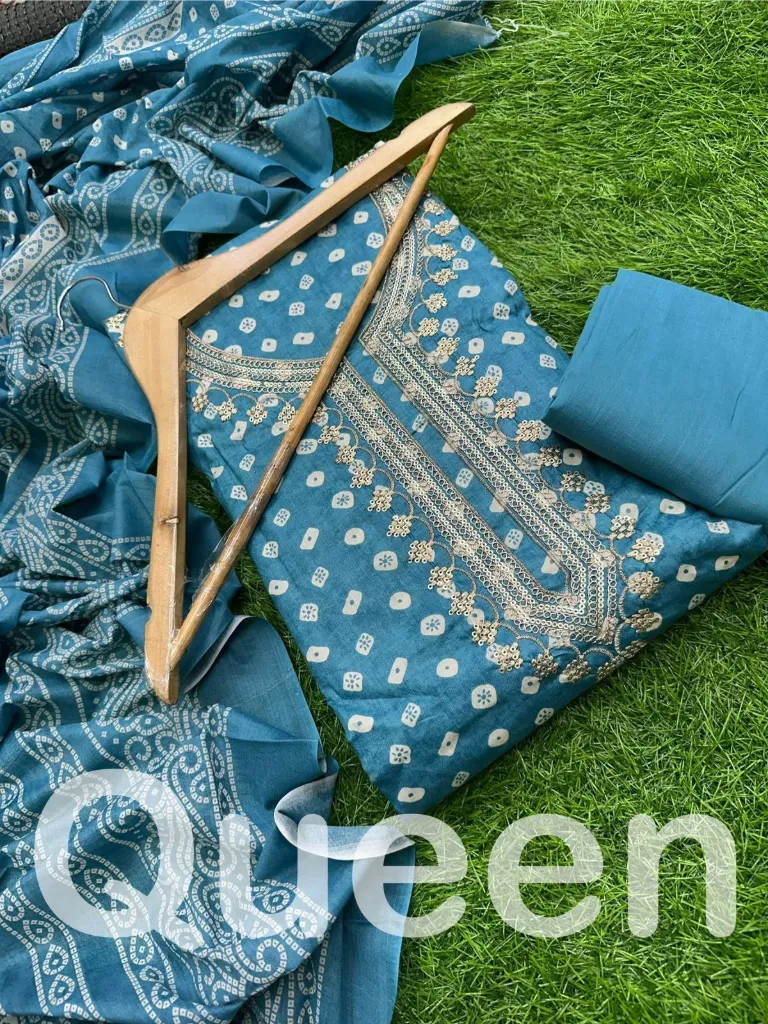 Pure Cotton Beautiful Neck Embroidery Unstitched Suit Set (Blue)