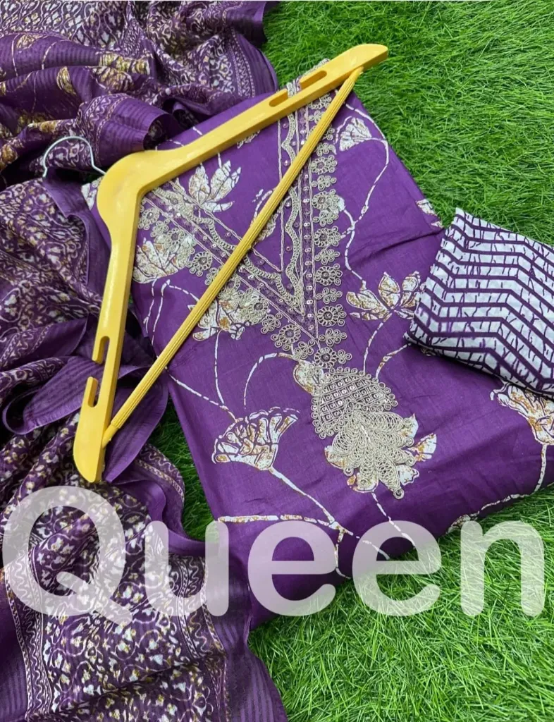 Cotton Beautiful V-Neck Embroidery Unstitched Suit Set