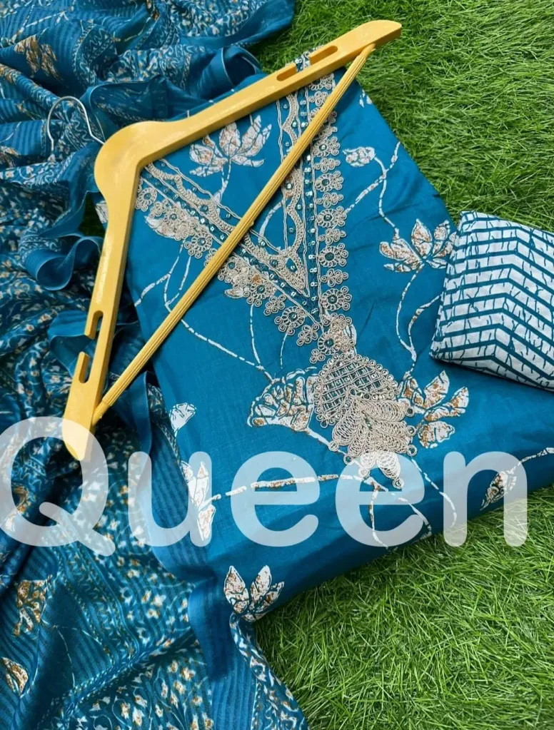 Cotton Beautiful V-Neck Embroidery Unstitched Suit Set (Blue)