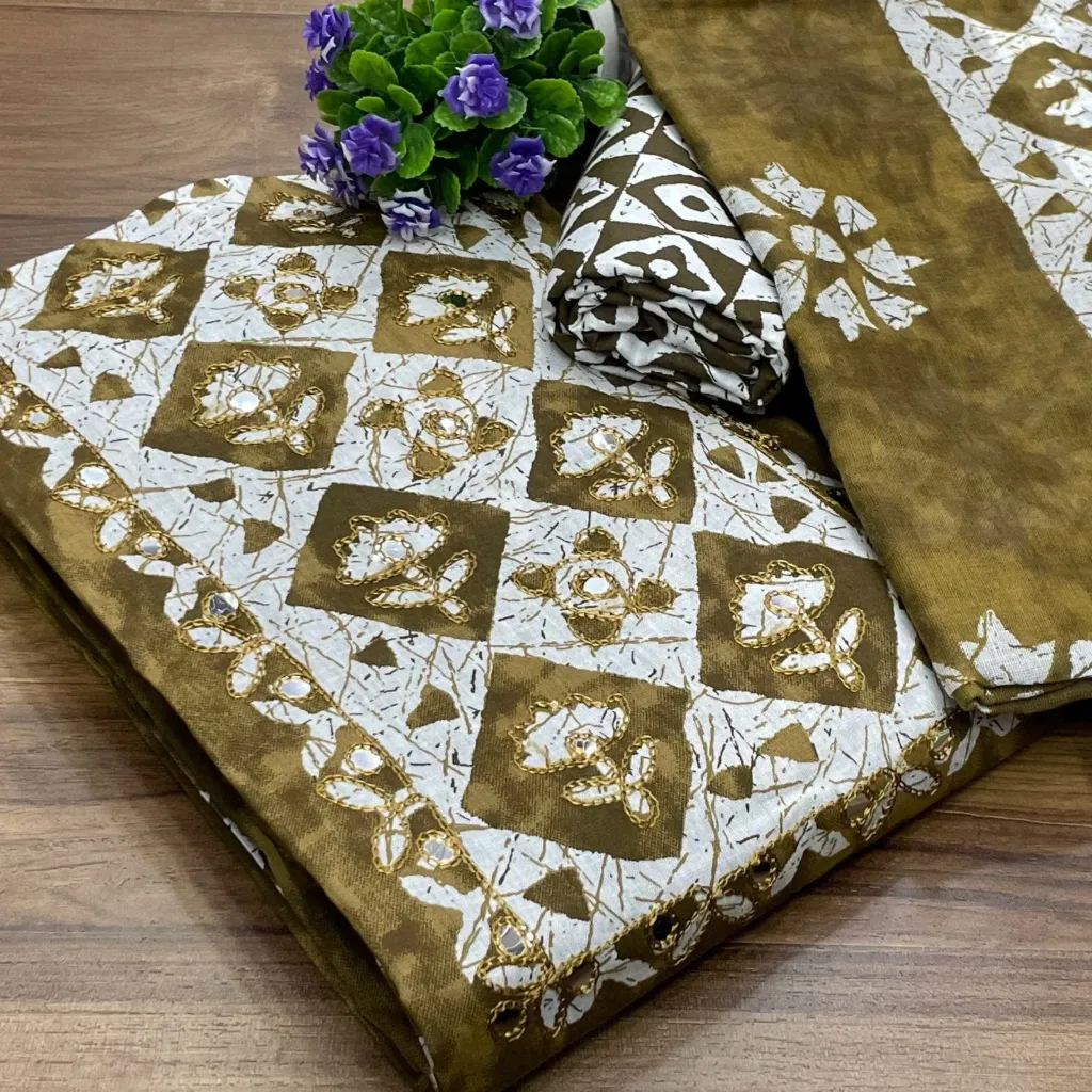 Cotton Geometric Floral Beautiful Neck Unstitched Suit Set