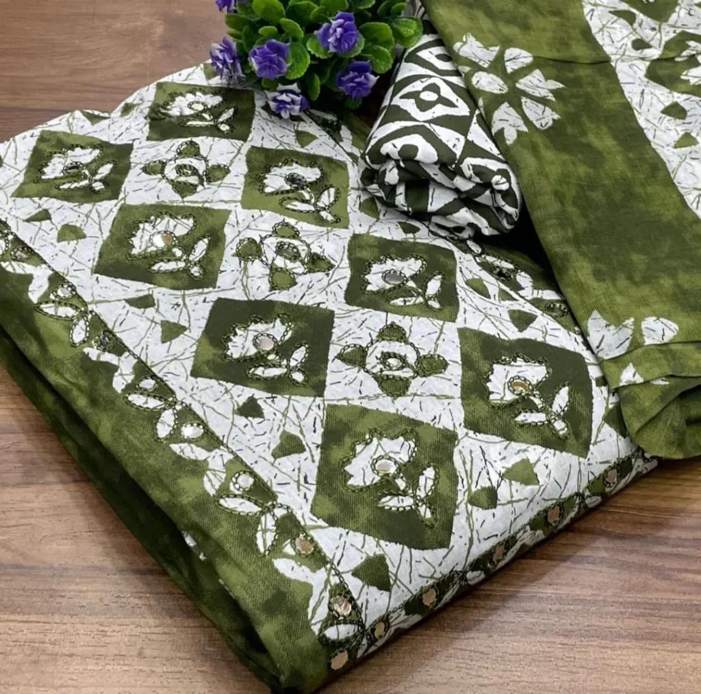 Cotton Geometric Floral Beautiful Neck Unstitched Suit Set