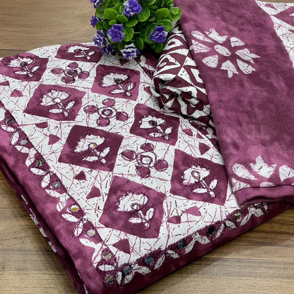 Cotton Geometric Floral Beautiful Neck Unstitched Suit Set