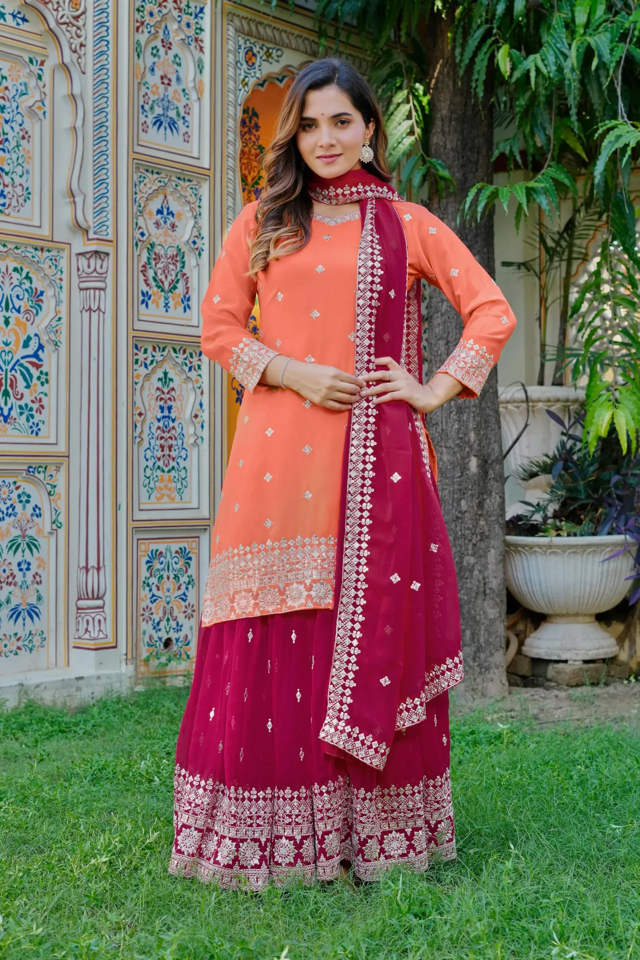 Premium Georgette Sequin Embroidery Top, Palazzo & Dupatta Set