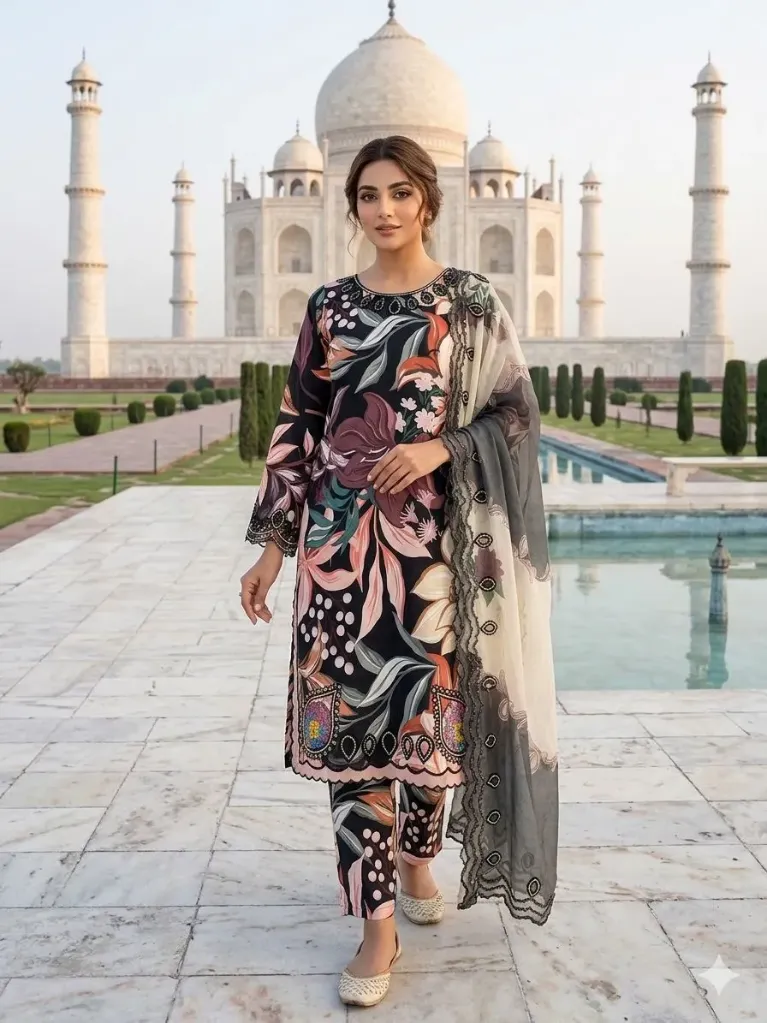Printed Muslin Embroidered Cutwork Top, Pant & Organza Dupatta Set (M)