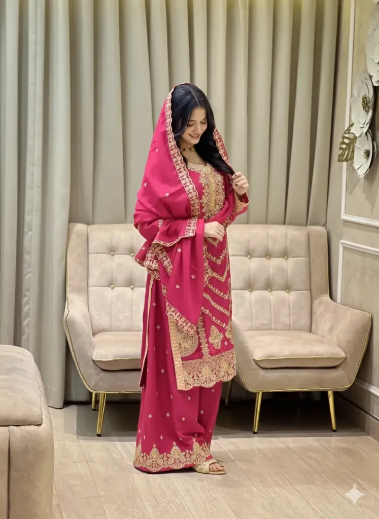 Pure Chinon Silk Heavy Sequin Embroidered Top, Palazzo & Dupatta Set