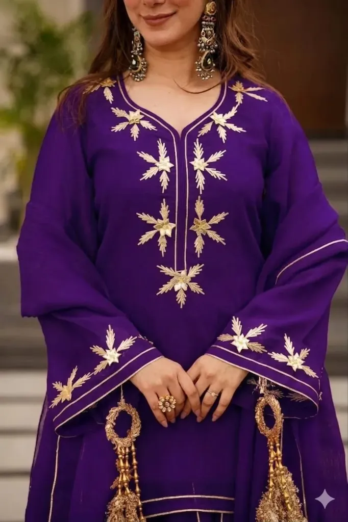 Premium Chiffon Hand Charkhi Gota Work Short Kurta, Sharara Palazzo & Dupatta Set