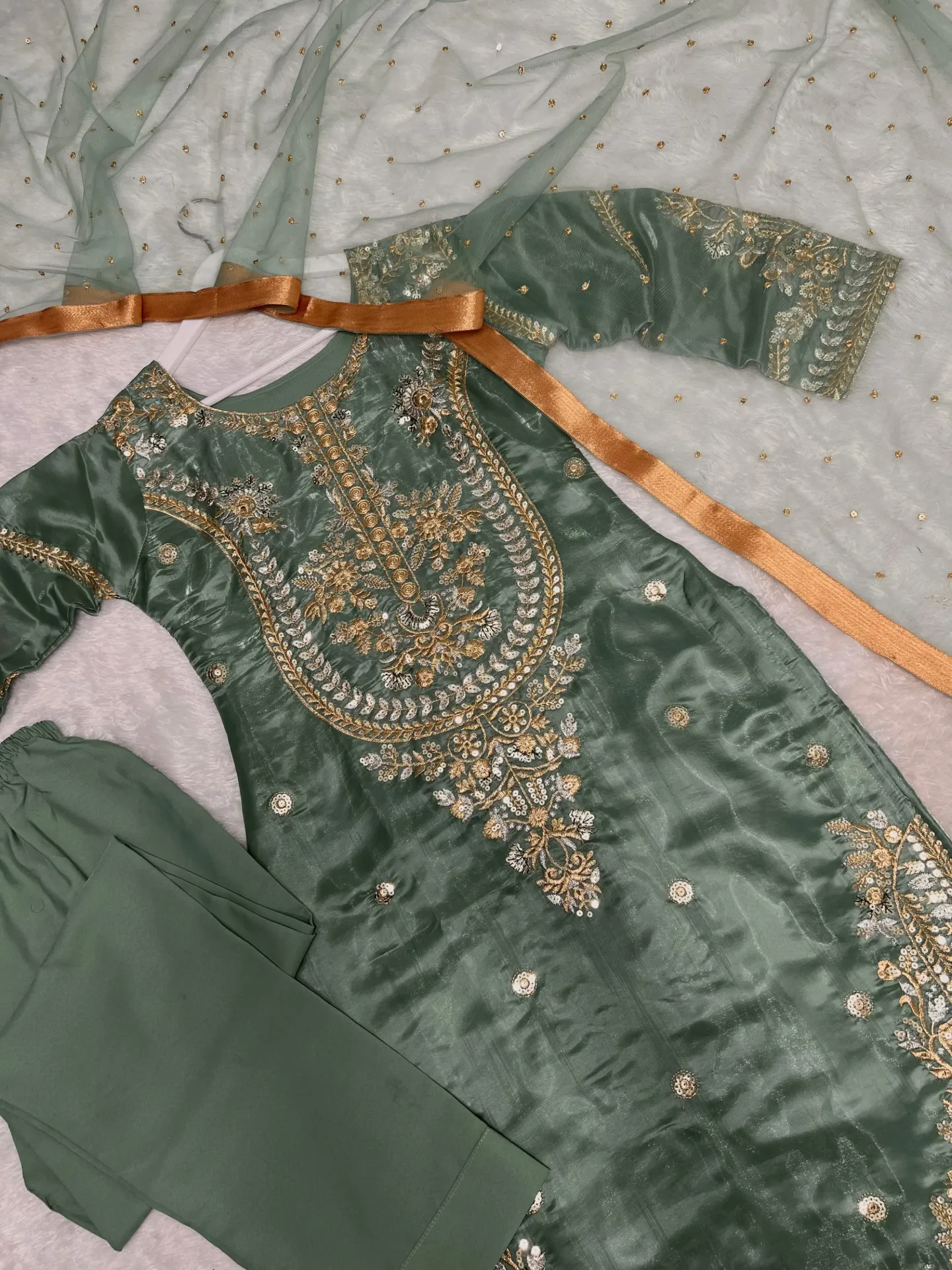 Pakistani Designer Jimmy Choo Silk Sequin Embroidered Top, Pant & Net Dupatta Set